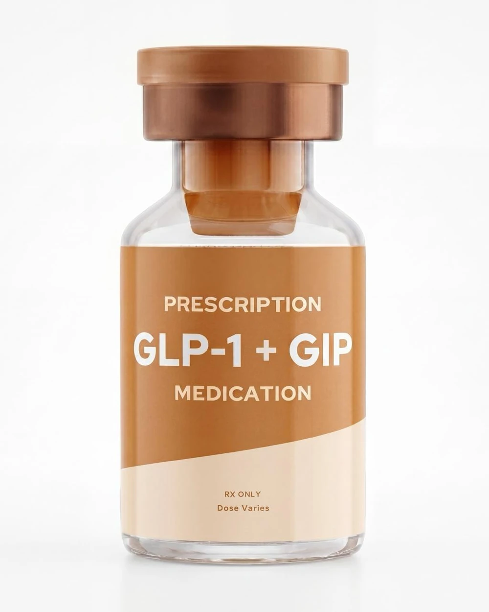 Compounded GLP-1 + GIP (tirzepatide) injection vial — blue cap, white background